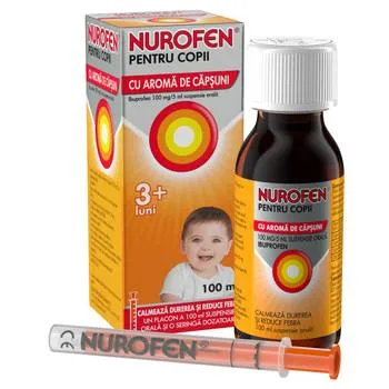 Nurofen pentru copii cu aroma de capsuni 100 mg/5 ml, 100ml, Reckitt Benckiser