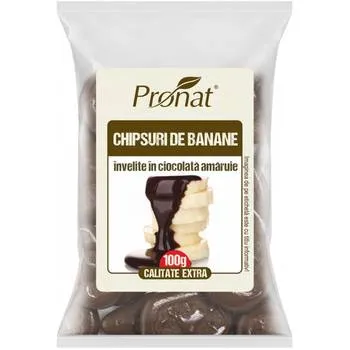 Chipsuri de banane invelite in ciocolata amaruie, 100g, Pronat