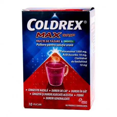 Coldrex MaxGrip fructe de padure & mentol, 10 plicuri pulbere pentru suspensie orala