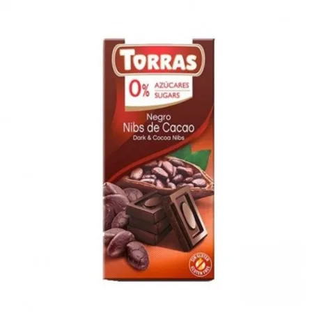TORRAS Ciocolata neagra cu bucatele de cacao fara zahar si fara gluten, 75g